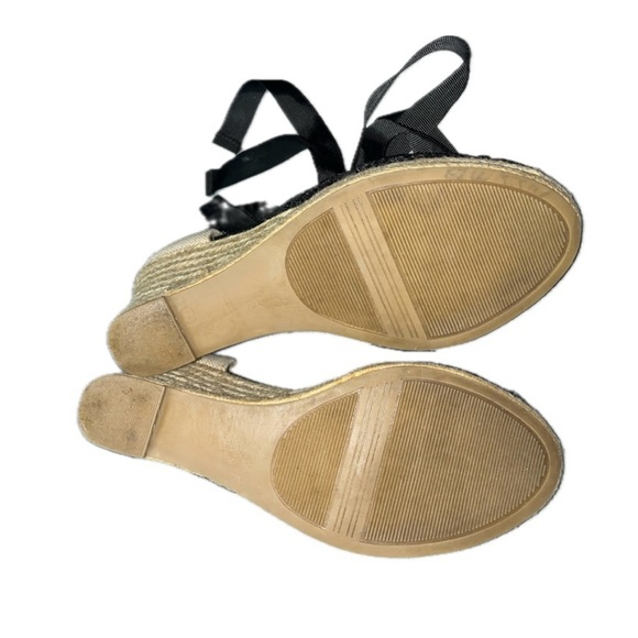 Elle Sz. 8 Ribbon Lace Up Ankle Blk Lace Closed Toe 3.5" Jute Wedge Heel - Picture 10 of 12